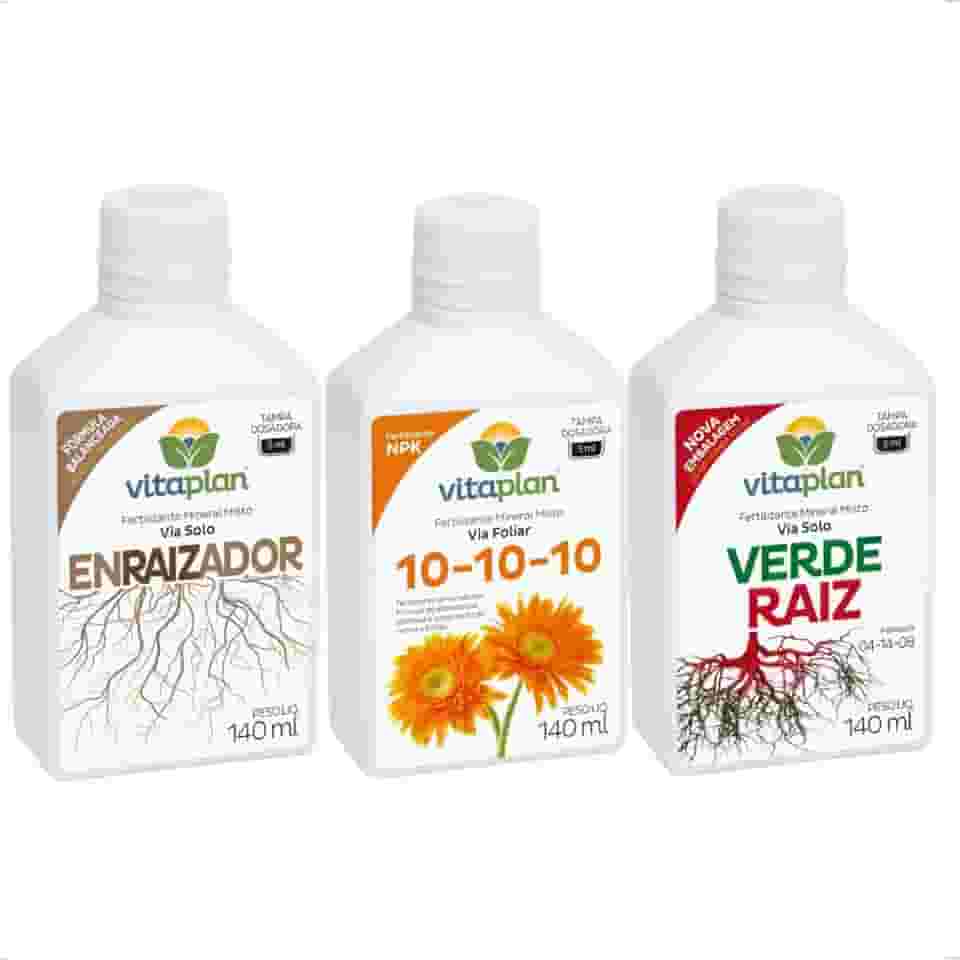 Kit 3 Adubo Fertilizante Enraizador Verde Raiz NPK 10-10-10 Concentrado Dosador Vitaplan 140ml
