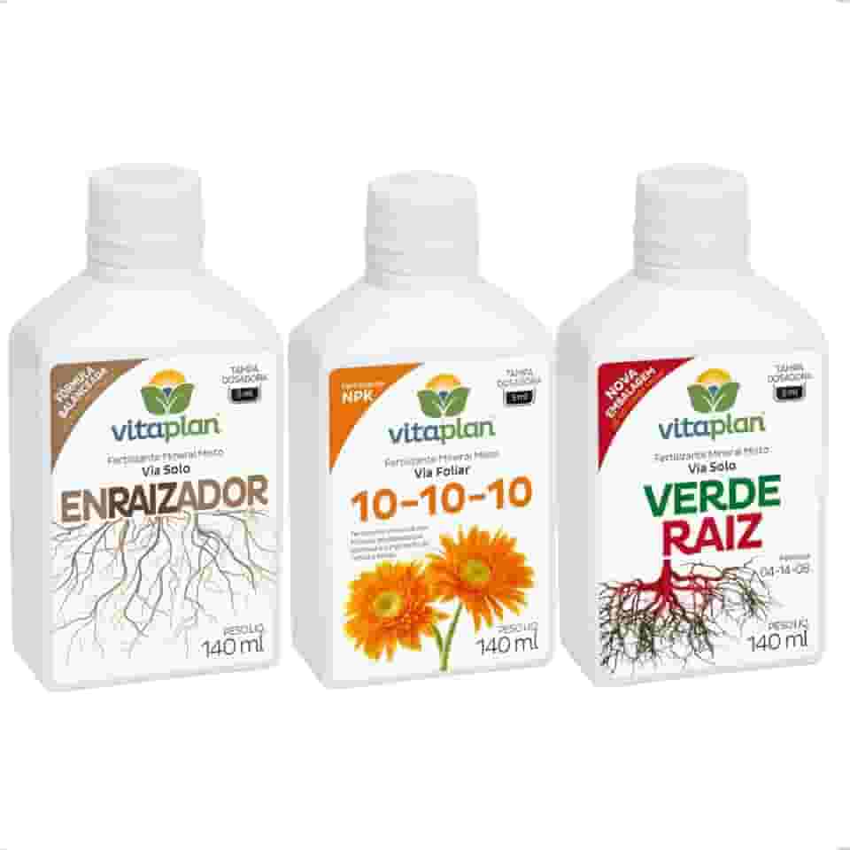 Kit 3 Adubo Fertilizante Enraizador Verde Raiz NPK 10-10-10 Concentrado Dosador Vitaplan 140ml