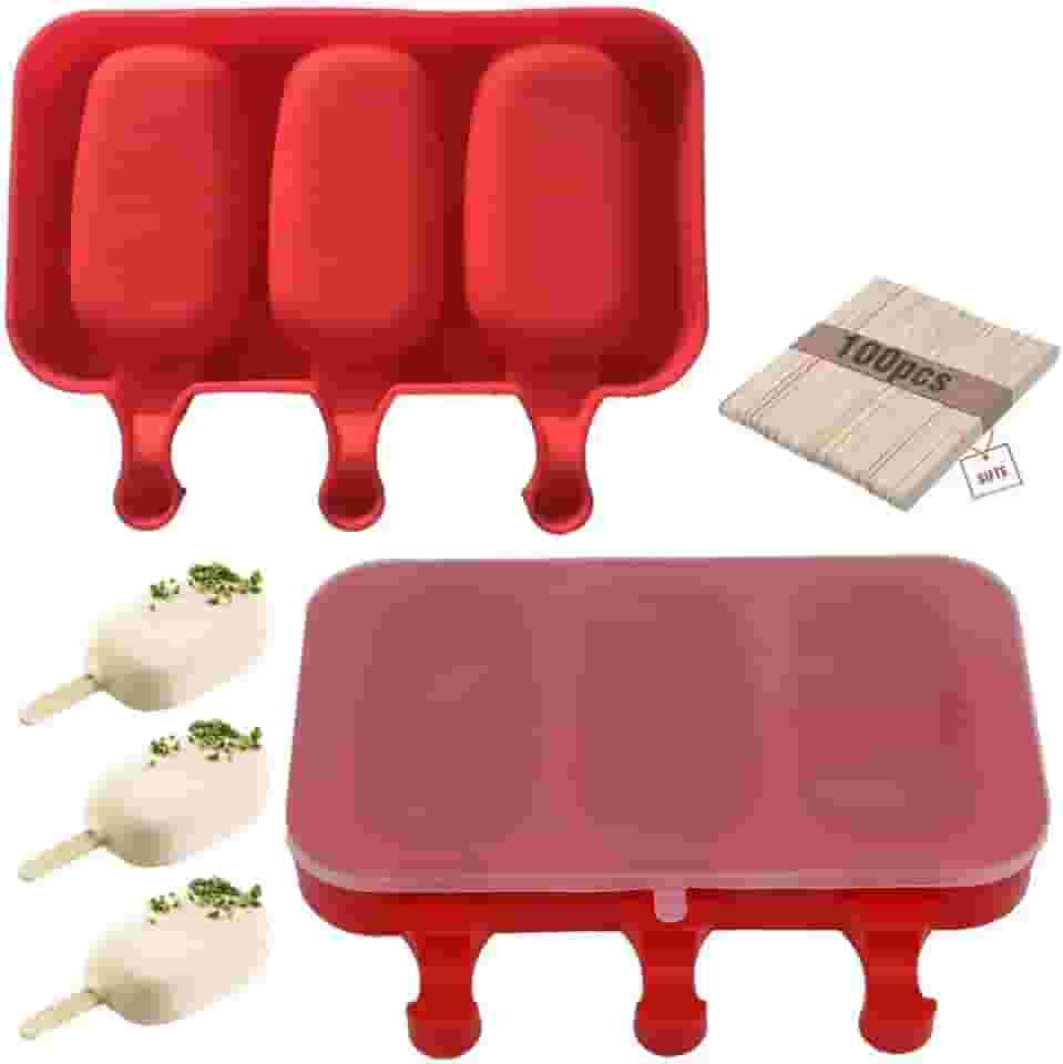 Moldes de silicone de picolé caseiro com moldes de picolé de tampa livre de BPA, moldes de gelo com 3 cavidades, bolos/sorvete/máquina de fazer picolé fácil de liberar, com 100 palitos de picolé (conjunto de 2 vermelhos)