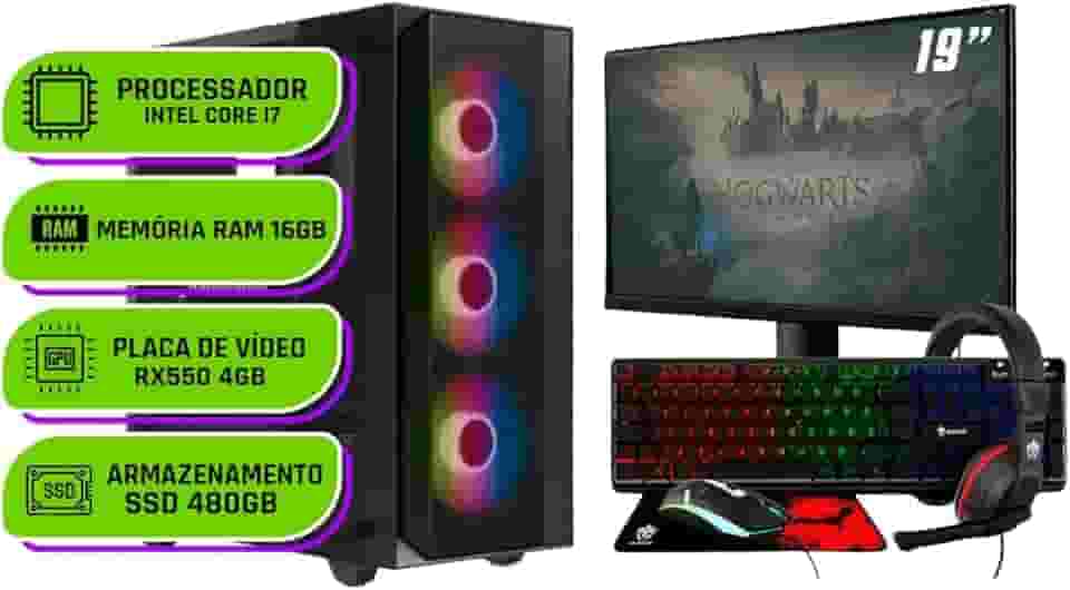 PC Gamer Completo Alligator Shop Intel i7 3770, Radeon RX 550 4GB, Memoria 16GB DDR3, SSD 480GB, Monitor 19 Polegadas