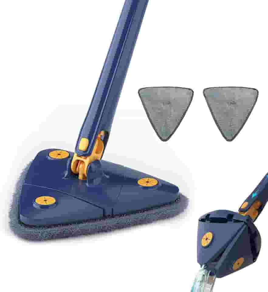 Mop giratório de 360 °, esfregão seco e úmido ajustável giratório de 360 graus, esfregão de torção automático de microfibra triangular com cabo longo, para limpeza de teto, janela e rodapé. (azul)