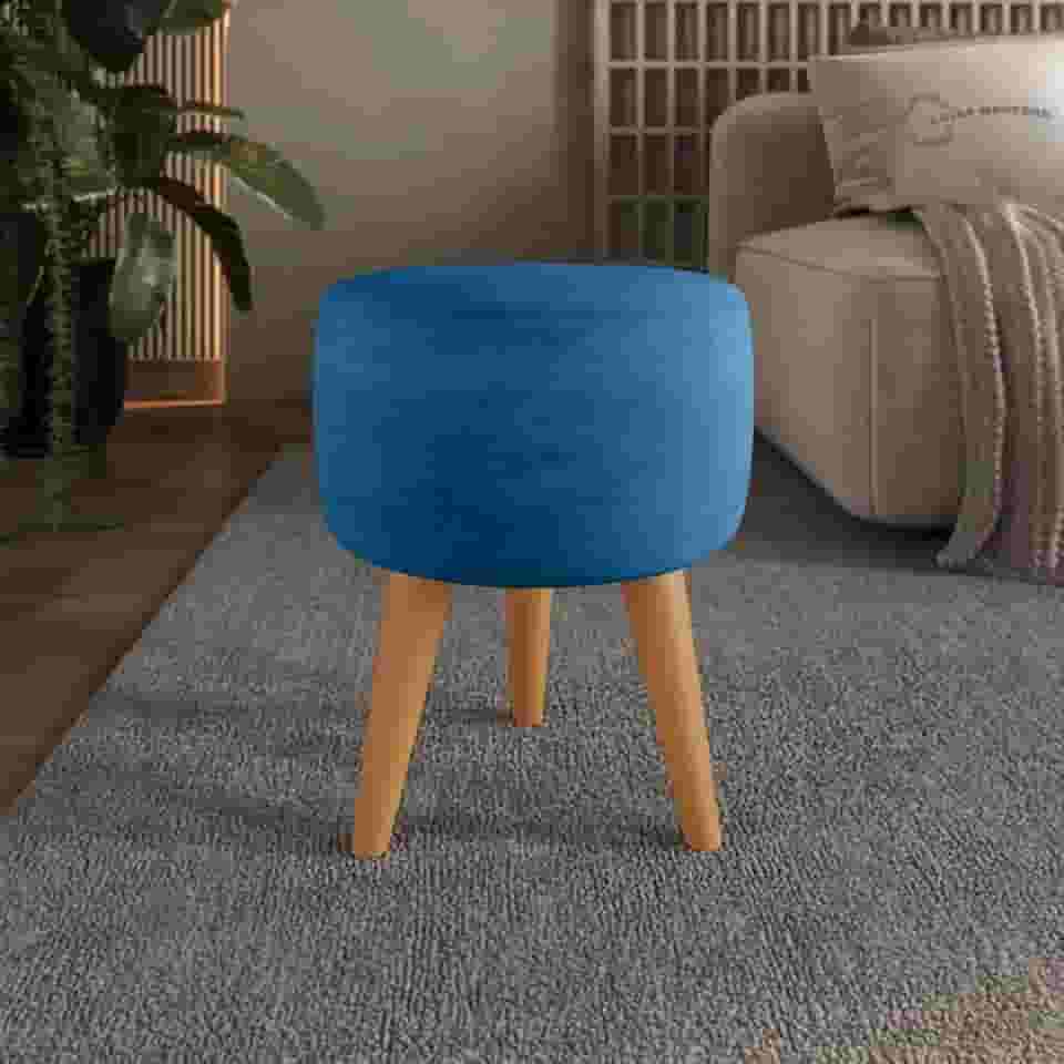Puff Redondo Banqueta Estofada Decorativa Pé Palito (Azul-Marinho)