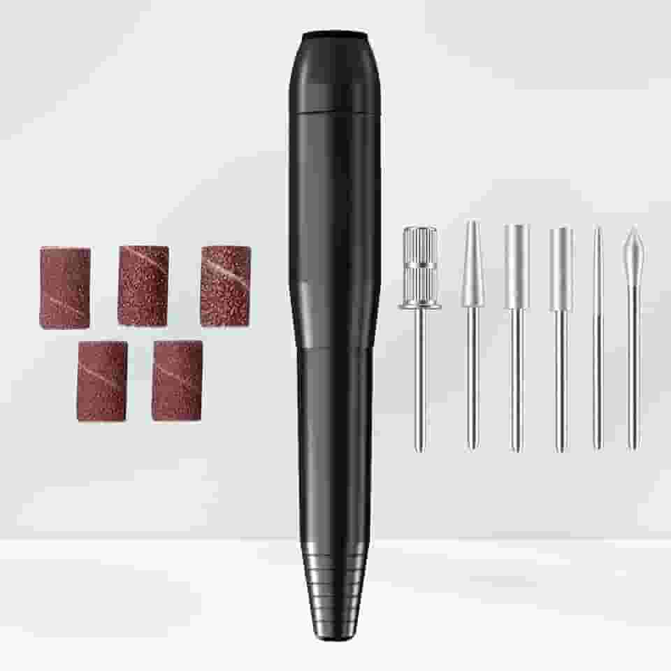 Broca elétrica de unhas, máquina portátil USB para iniciantes, kit de manicure e pedicure com 6 pontas e 26 faixas de lixamento para polimento de unhas de gel acrílico em casa, faça você mesmo, preto