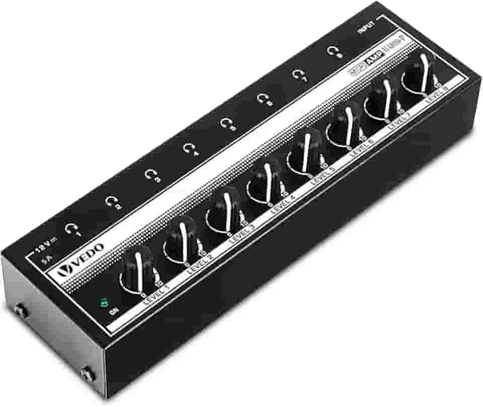 VEDO Amplificador de fone de ouvido, amplificador de áudio estéreo de 8 canais, divisor de fone de ouvido multiportas, mixer para estúdios de gravação e bandas, com 8 portas de saída e 1 porta de