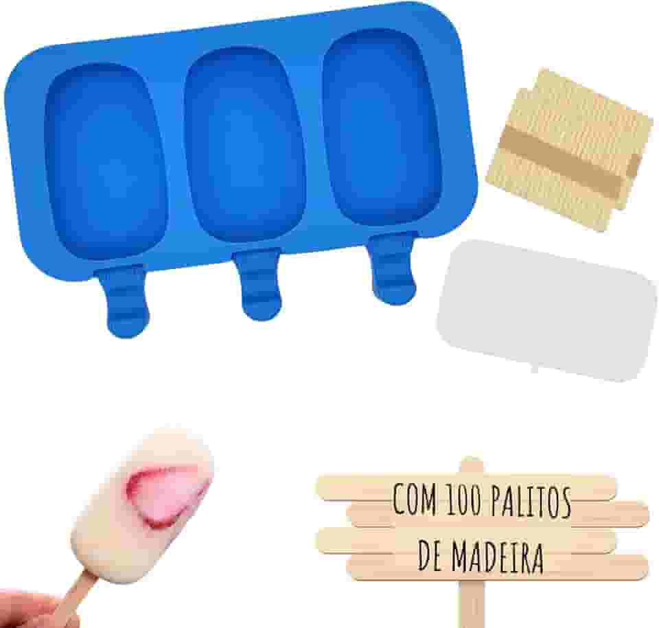 Formas Sorvete Picole Caseiro Silicone Com 3 Cavidades Tampa 100 palitos (Picolé)