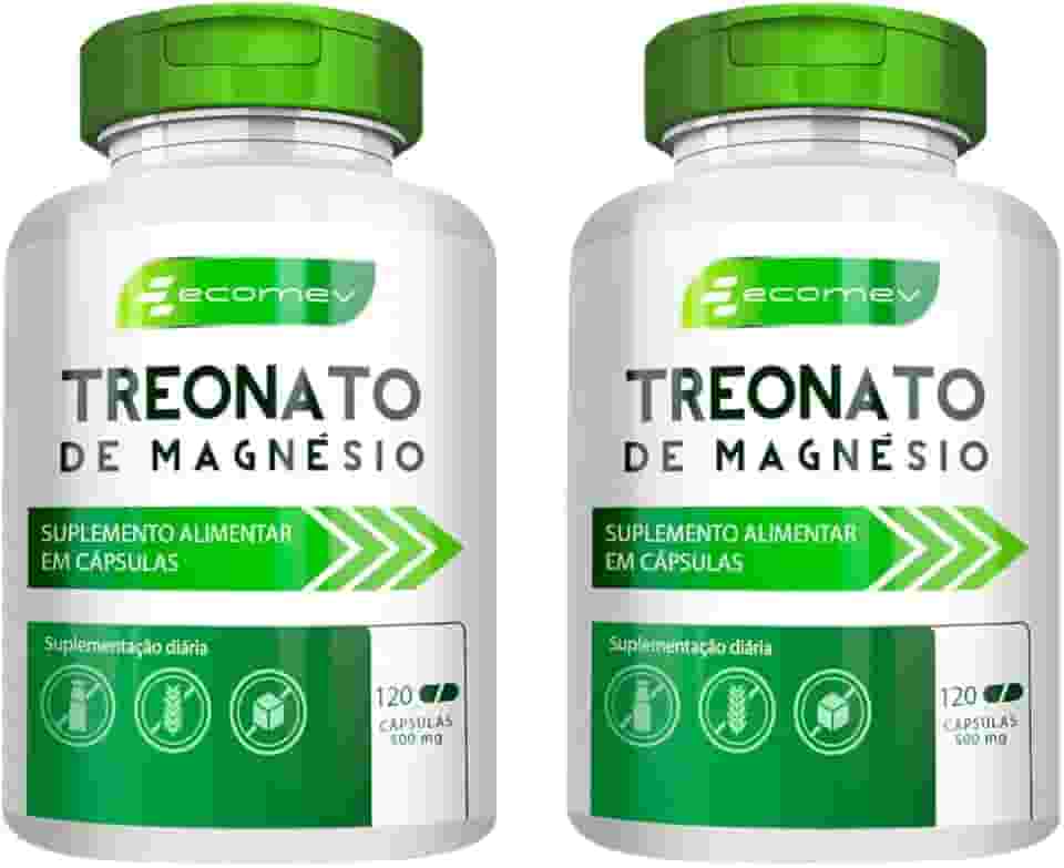 Kit 2Un Magnesio Treonato 100% Puro 500mg 240 Cápsulas Ecomev 4 Meses Tratamento