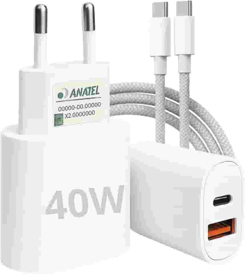 Carregador Tipo C Turbo 40W 9.1A Com Cabo USB-C Compatível com Android e IOS. Duas entradas: USB e USB-C Carga Rápida Tecnologia PD Power Duo - Premium