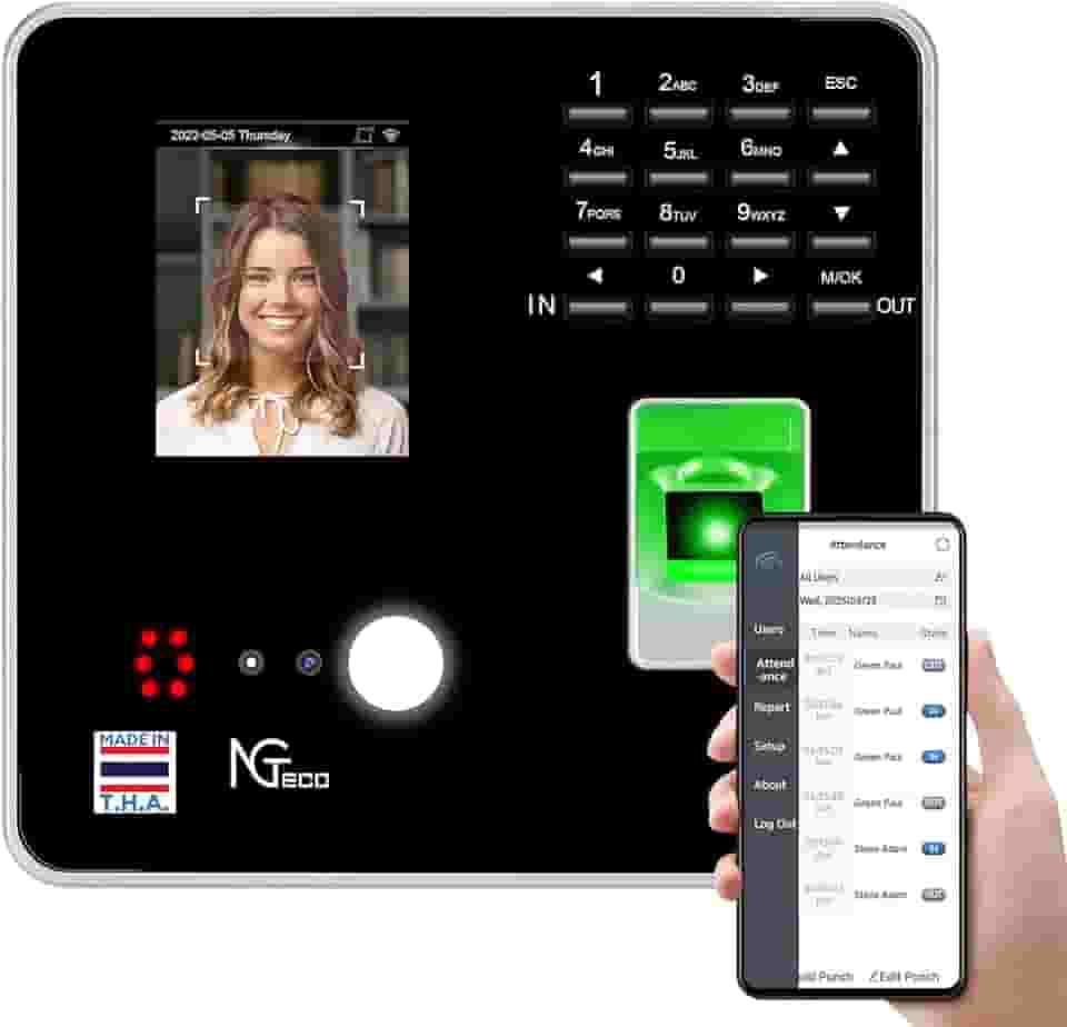 NGTeco Relógios de ponto para funcionários pequenas empresas com rosto, digitalização de dedo, RFID e perfuração de PIN em um, máquina de cartão de ponto de escritório MB2 perfurador automático com