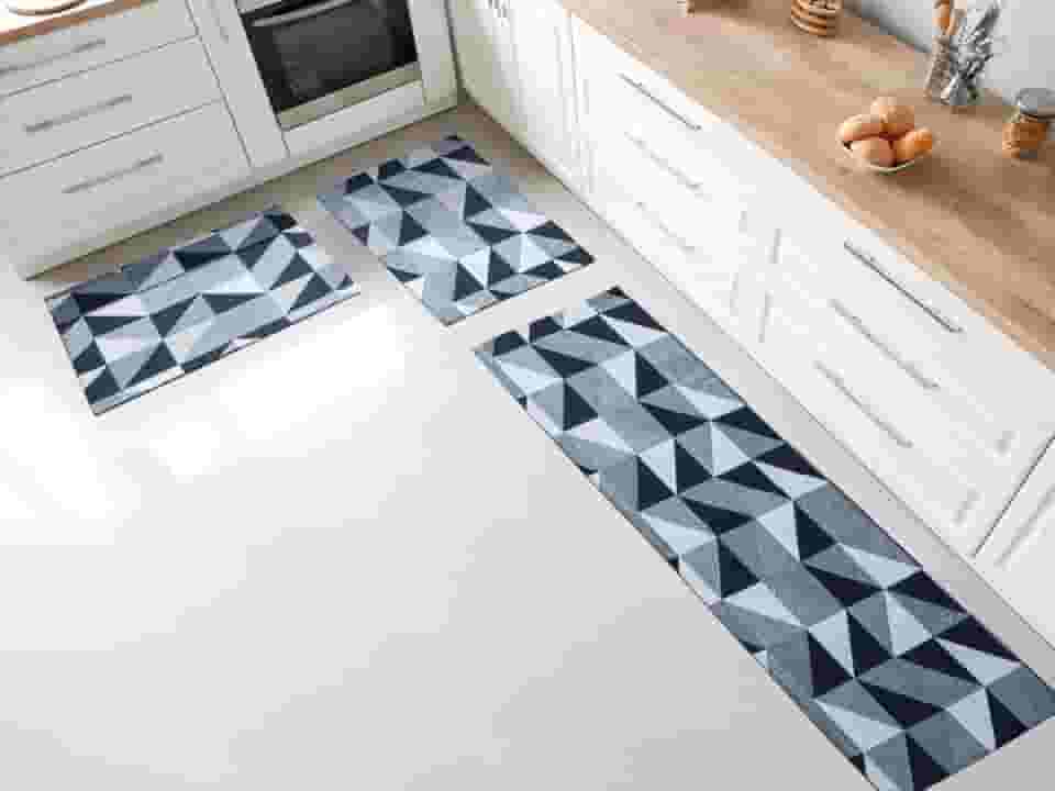 Jogo Tapete e Passadeira para cozinha Antiderrapante em Jacquard - 1,30x0,45m e 65x45cm (Triângulos Azul)