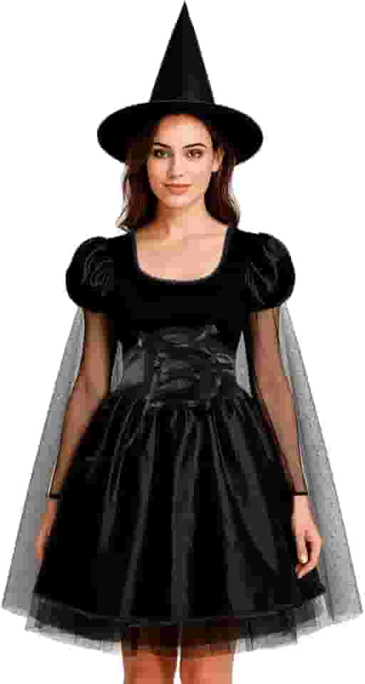 Fantasia Adulta Feminina de Halloween Vestido Bruxa Preto com Capa Gotica Medieval