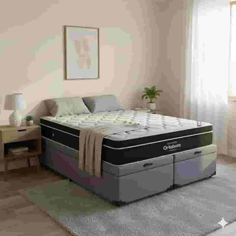 Cama Box Baú King Size Bipartido Corino + Colchão de Molas Ensacadas Elegant - 1.92x2.03 (Cinza)