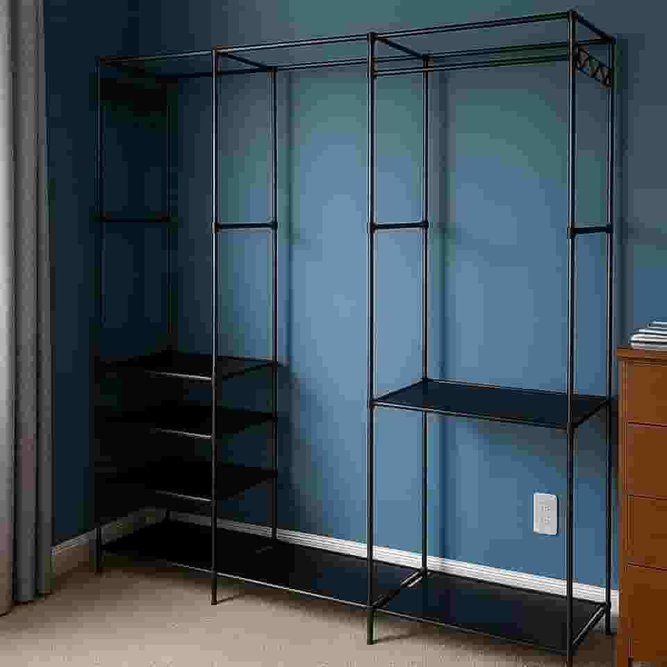 Arara tripla Guarda-Roupa Portátil com Cabideiro e Prateleiras em Aço com Montagem Fácil