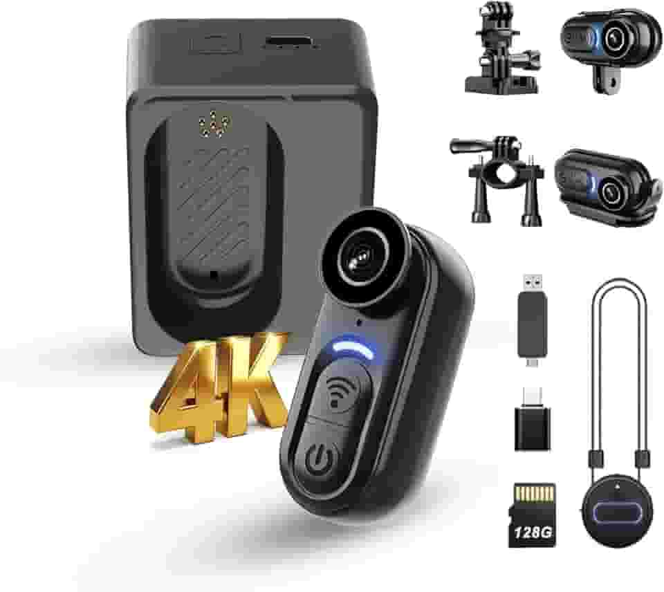 Minicâmera de ação 4K com gravação de áudio e vídeo - 128 G tamanho do polegar câmeras usadas com mãos livres - Filmadora portátil vestível para trabalho, viagens, passeios, animais de estimação, vlog