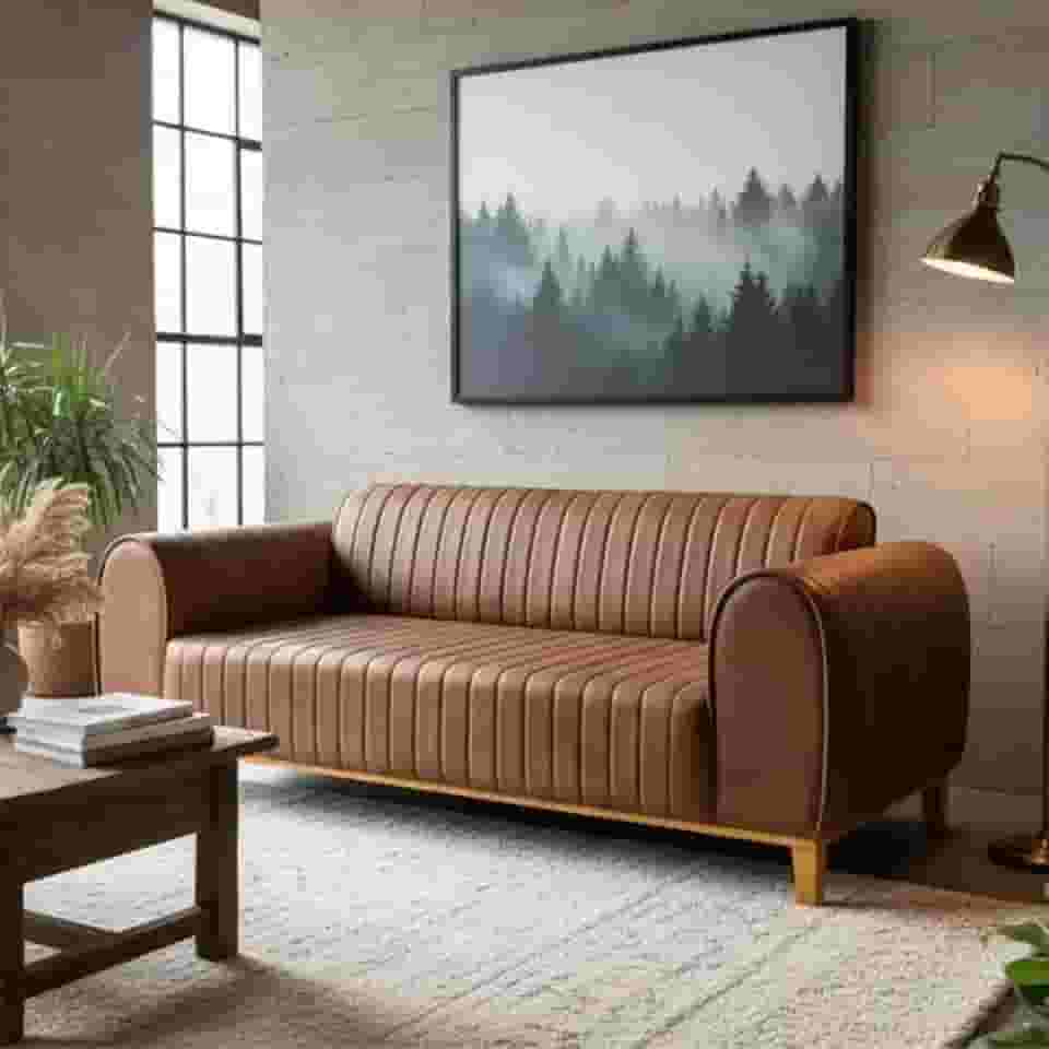 Sofá Living Átila, 2,10 Metros, Design Retrô. (Couro - Caramelo)