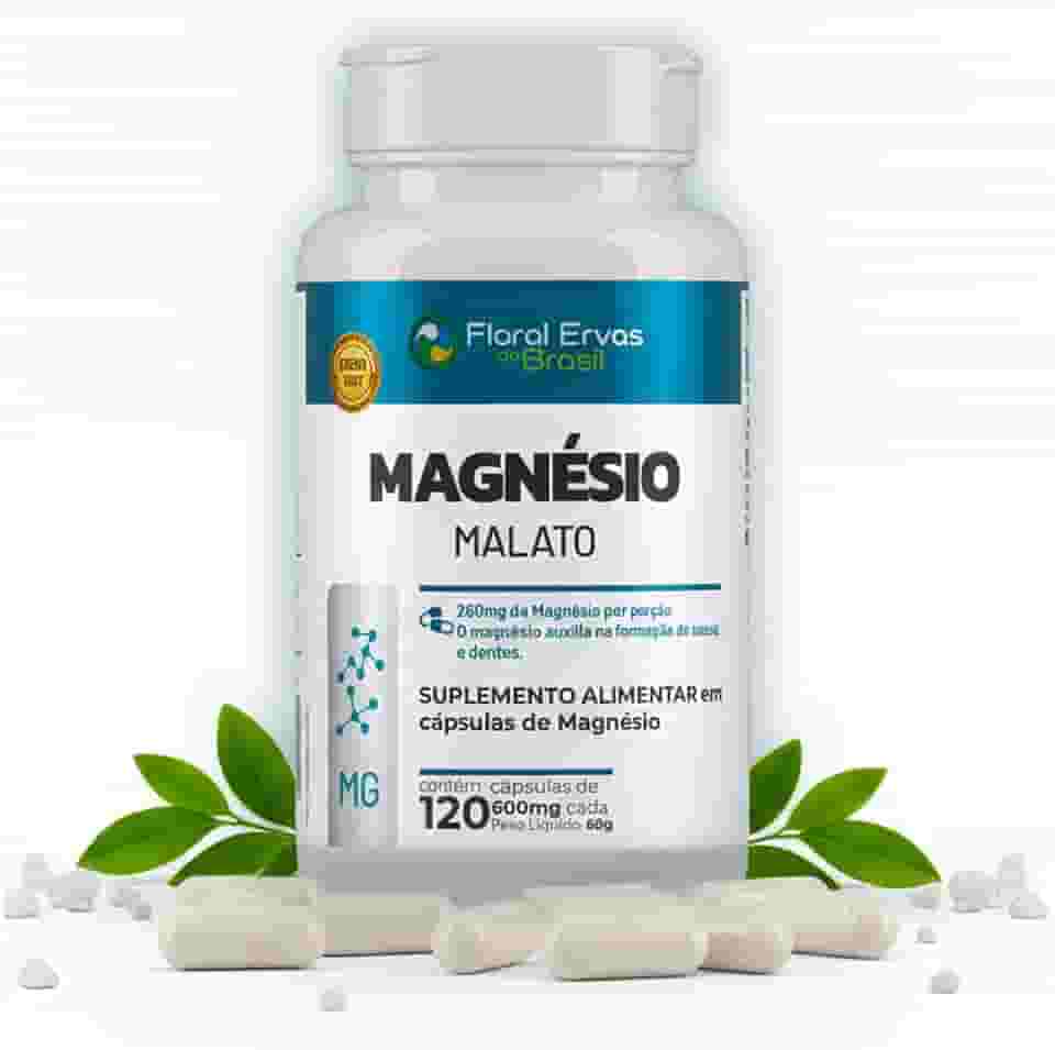 Magnésio Malato 600 mg – 120 Cápsulas | Floral Ervas do Brasil | Auxilia no Funcionamento Muscular, Neuromuscular e Metabolismo Energético