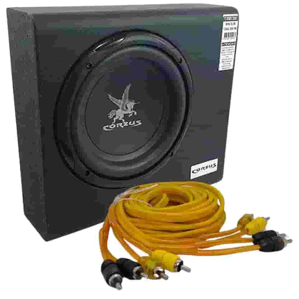 Caixa Automotiva Amplificada 350W Subwoofer 8'' Mini Slim 3 Canais Corzus + Cabo Rca 4 Vias Blindado Som Profissional 5 Metros Vipertron