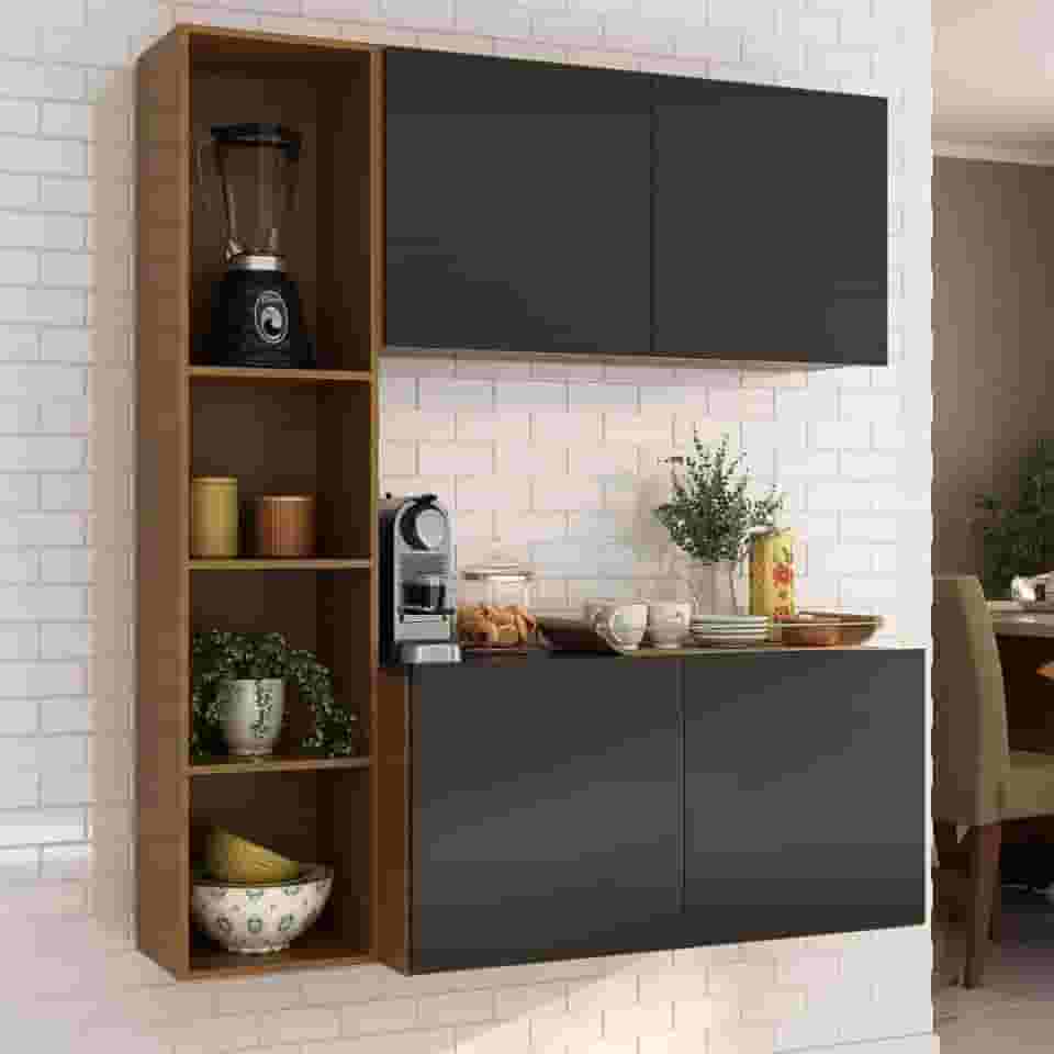 Armário De Cozinha Compacta Com Balcão Linea Fit 4 Portas Multimóveis Mp2218 Carvalho Avelã/preto