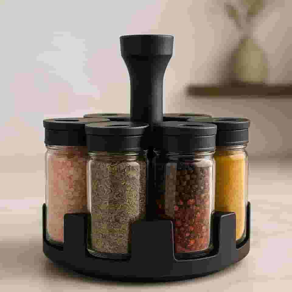Porta Temperos Giratório 360° com 6 Potes de Vidro – Tampa Dosadora Preta – Linha Premium