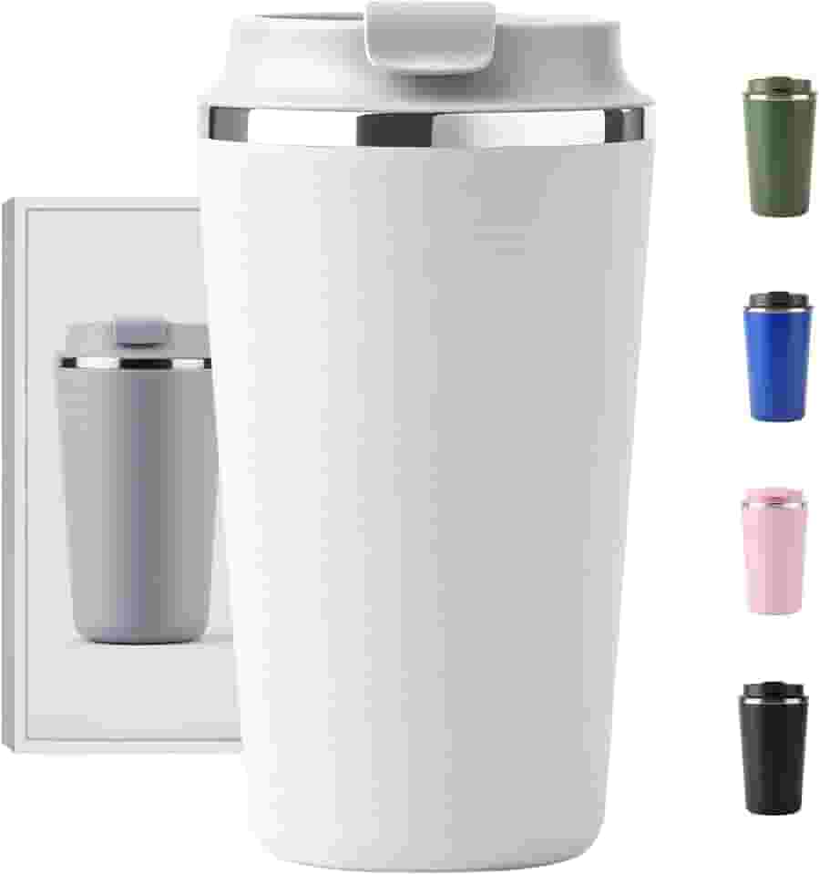 Copo Térmico Café - 510ml, Parede Dupla Isolamento Inox 304, Base Emborrachada, Quente 6 horas, Feito Para Viagem To Go (Branco)