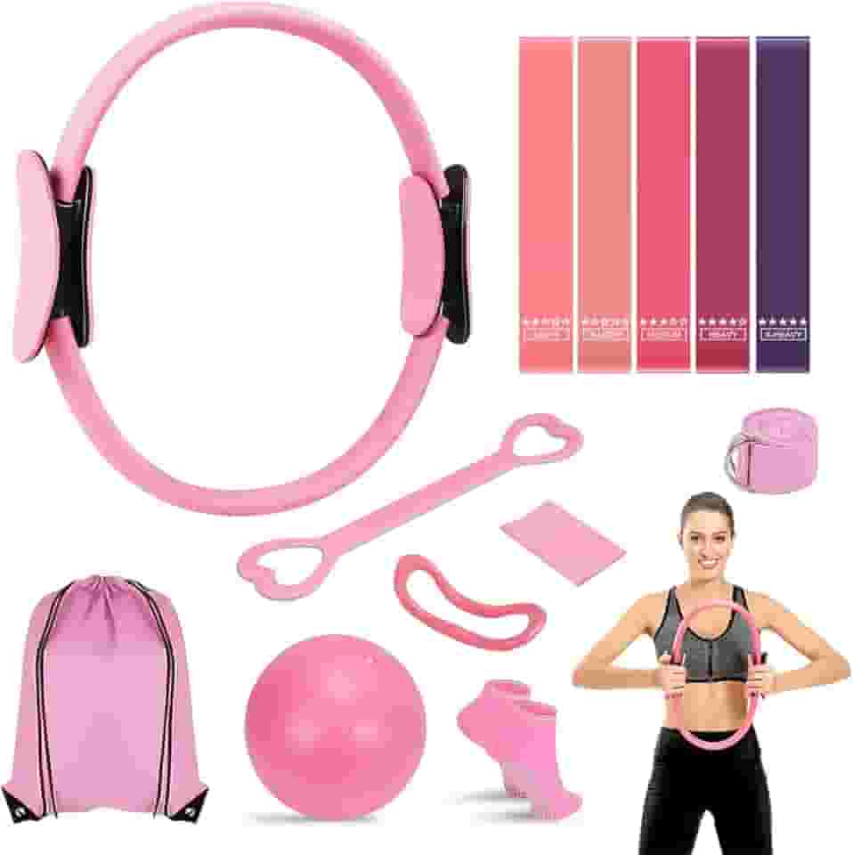 Kit Essencial de Pilates para Mulheres, Kit de Pilates para Exercícios em Casa, Equipamento de Pilates, Conjunto de Anel e Bola de Pilates com Faixas de Resistência e Bumbum, Anéis de Pilates de 38cm