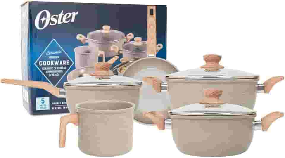 OSTER JOGO DE PANELAS E LEITEIRA MARBLE EDITION CINZA DUST – 5 PEÇAS COM REVESTIMENTO CERÂMICO ANTIADERENTE, ALÇAS EM SILICONE ANTITÉRMICO E BASE COMPATÍVEL COM INDUÇÃO