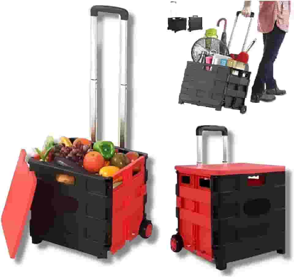 Carrinho De Compras Dobrável Com Rodinhas Reforçado Portátil, Tampa Oculta, Alça Telescópica, Até 35Kg de Carga, 60 Litros, Para Viagens, Compras, Feiras, Mudanças, Ferramentas, Escritório