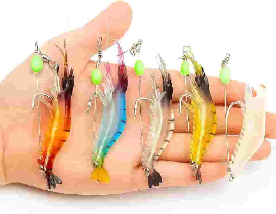 Kit 5 Iscas Camarão Artificial Silicone Com Anzol Luminosa 8cm 5g Para Pesca Robalo Tucunaré Traíra Corvina