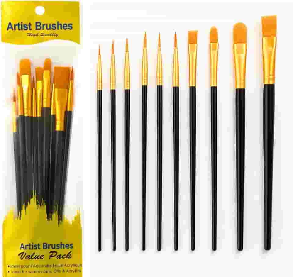 Kit com 10 Pincéis Artísticos para Pintura Cerdas Macias e Resistentes para Aquarela Óleo Guache Acrílica (Preto)
