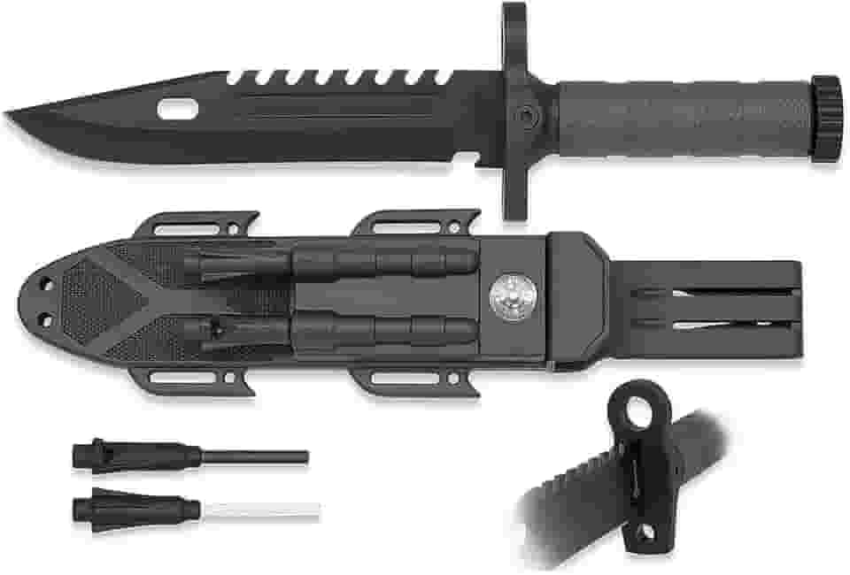 Faca Tática Militar Esportiva Caça Mergulho Pesca Com Bainha Bússola Pederneira Apito Sobrevivência (Tática)