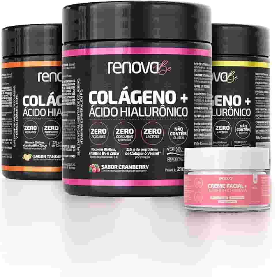 Kit 3 Colágenos Hidrolisados com Verisol Ácido Hialurônico Biotina Suplemento Nutricional Firmeza da Pele + Creme Facial Resveratrol para o Dia Renova Be
