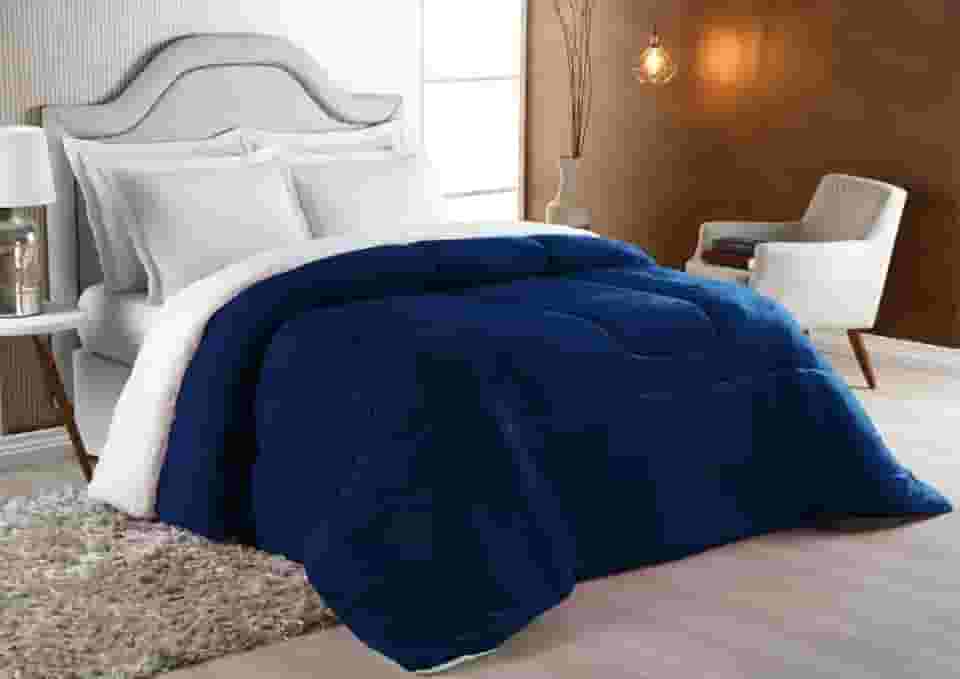 Edredom Sherpa Cobertor Coberdrom Casal Queen Pele Carneiro Cor:Marinho