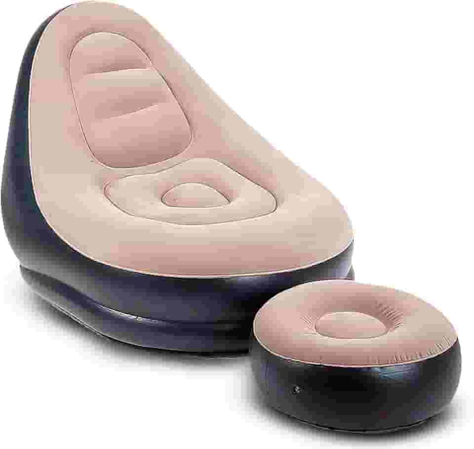 Poltrona inflável rápido portátil com banco de apoio para os pés. Resistente a furos. Linha Conforto. Acompanha apoio para os pés. Cor: Bege café. Natureasy