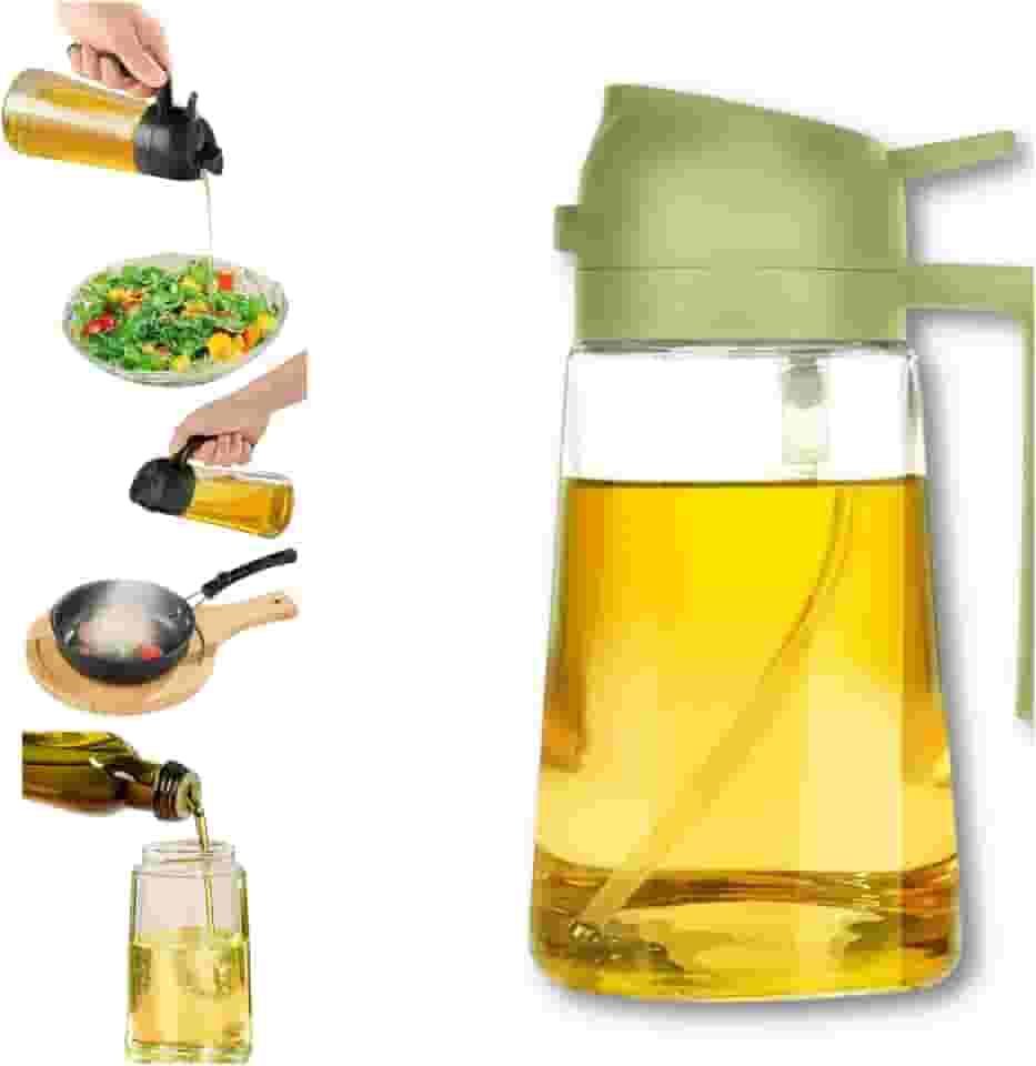 Borrifador e Dosador 2 em 1 para Azeite e Óleo 470 ml Galheteiro de Vidro Premium com Controle de Dose e Spray para Cozinha, Airfryer, Saladas e Churrasco Prático, Econômico e Sem Resíduos (Verde)