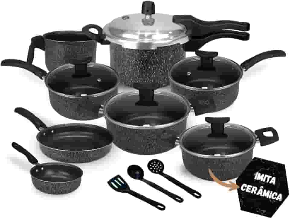 Jogo de Panelas Antiaderente, 11 Peças com Panela de Pressão 2.5L (Cerâmica Black)
