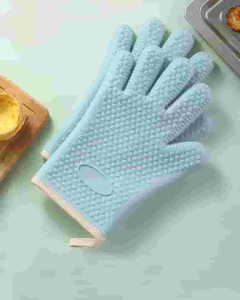 2 luvas de forno de silicone resistentes ao calor – Luvas de grelha de camada dupla com 5 dedos, luvas de forno de cozinha impermeáveis e antiderrapantes para cozinhar, assar, churrasco (azul)