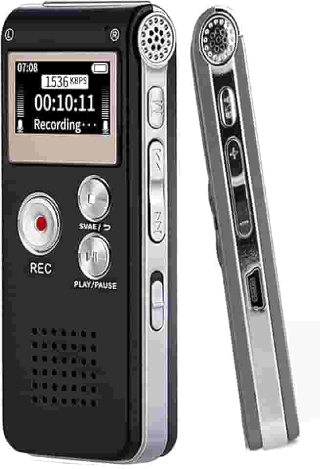 Gravador de Voz Digital 16GB com Redução de Ruído e Ativação por Voz - Dictafone Recarregável via USB para Palestras, MP3 Player, 30h Gravação, Proteção por Senha