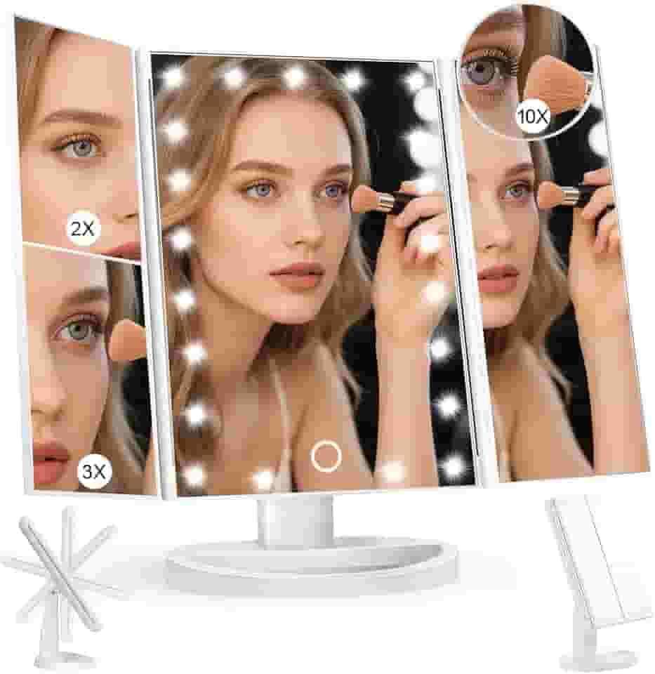 Espelho Maquiagem de Triplo Dobrável, Espelho com Led, Espelhos para Penteadeira, Espelhos de Mesa com Ampliação de 2x, 3x e 10x, Com Tela Sensível ao Toque