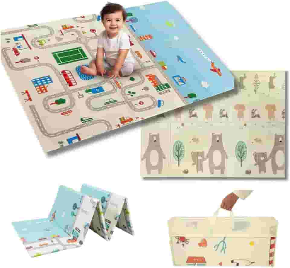 Tapete Térmico Infantil Emborrachado Dupla Estampa Tatame Infantil 200x150cm Ursinho e Pista de Carros Cidade Dupla Face Dobrável Atividades Impermeável