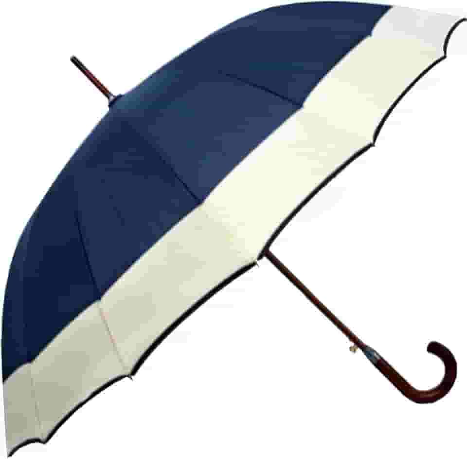 Guarda Chuva Grande Azul com Bege Cabo de Madeira Curvo