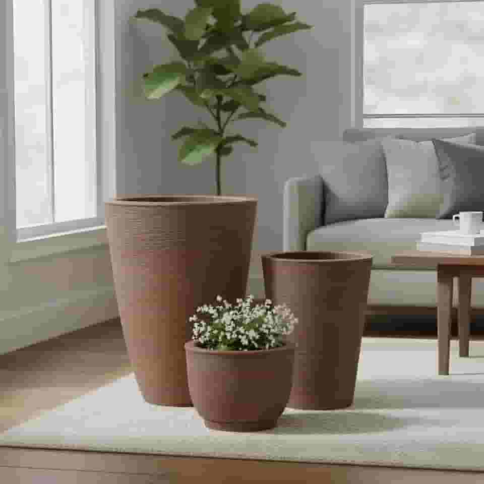 Kit 3 Vasos Para Plantas Polietileno Grafiato Luxo Marrom