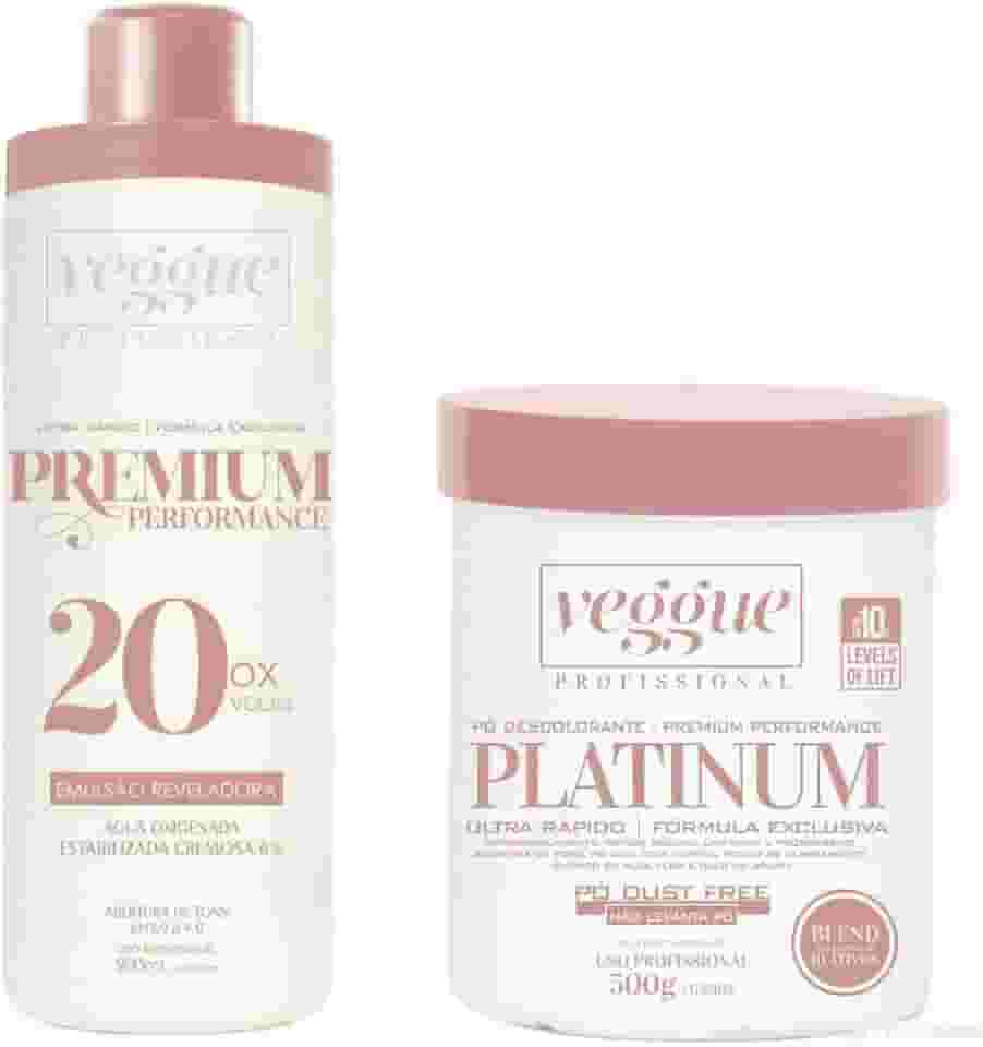 Kit Água Oxigenada 6% 20 Volumes 900ml e Pó Descolorante Platinum Ultra Rápido Veggue Profissional 500g
