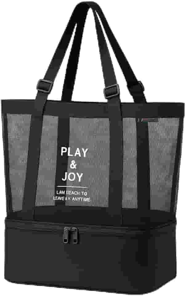 Bolsa de Praia de Rede Ventilada com Compartimento Térmico Isolado, Zíper Seguro e Alças Ajustáveis Reforçadas