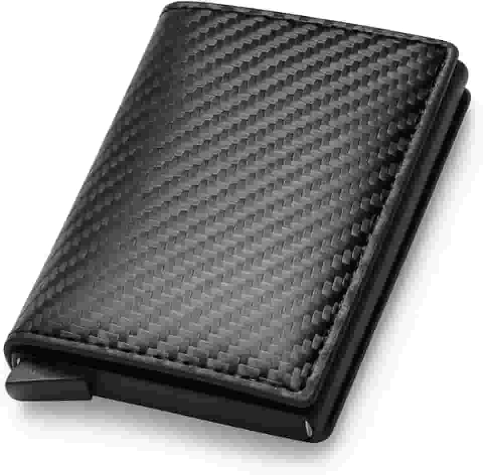 Carteira Masculina Slim Porta Cartões com Proteção RFID – Ejeção Automática Pop-Up, Couro Sintético Preto Premium, Fina, Segura e Compacta para 6 Cartões e Dinheiro