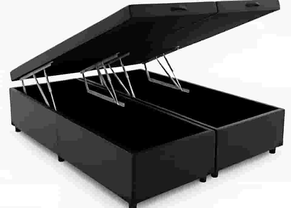 Cama Box Baú Queen Bipartido 79, Blindado, Pistão á Gás, Pés de Madeira (Corino, Preto)