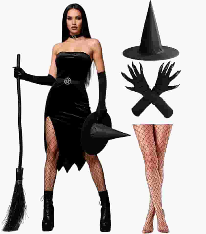 Kit Fantasia Bruxa Adulta Feminina de Halloween Barata Chapéu Preto Luva com Garra e Meia Calça Arrastão