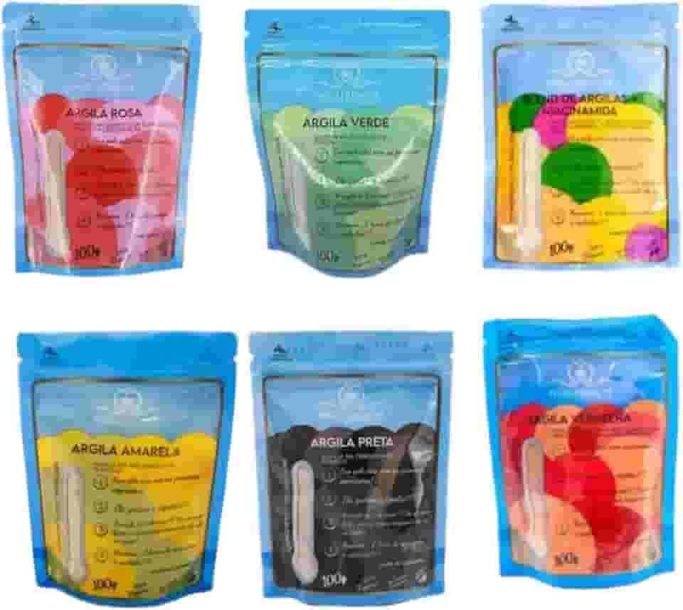 Kit Completo de Argilas Naturais, 6 Tipos para Tratamento Facial, Preta, Vermelha, Amarela, Verde, Rosa e Blend com Niacinamida, 100g Cada, Vegano
