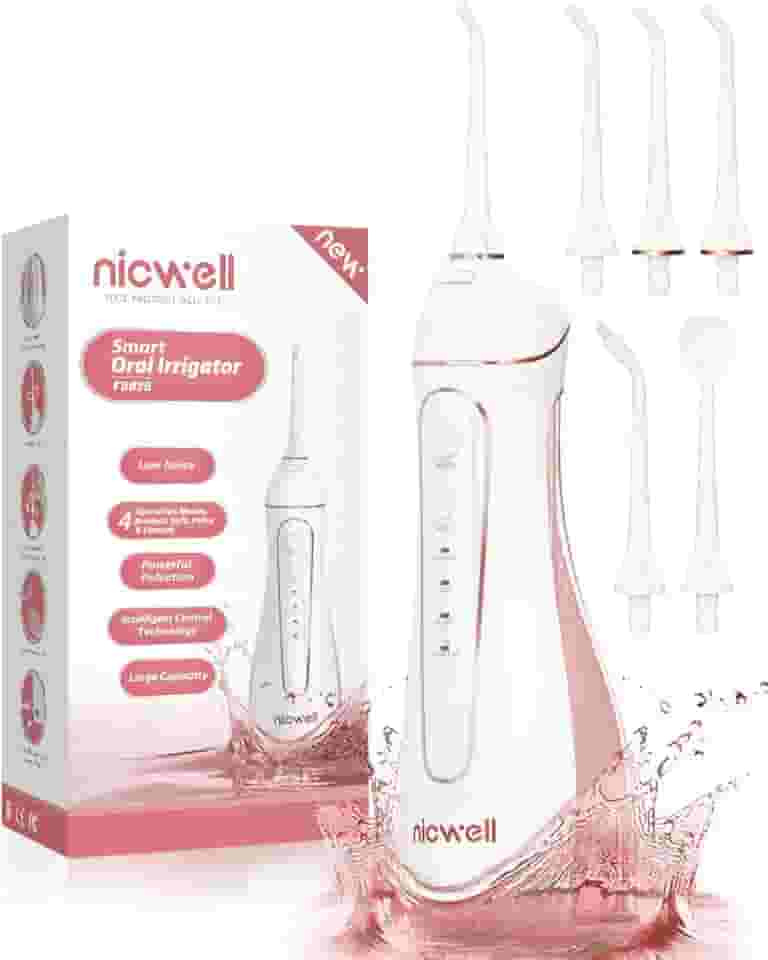 Irrigador bucal dental sem fio para dentes Nicwell 4 modos, irrigador bucal dentário, portátil e recarregável, IPX7, à prova d'água, potente, vida útil da bateria, palhetas de limpeza de dentes para