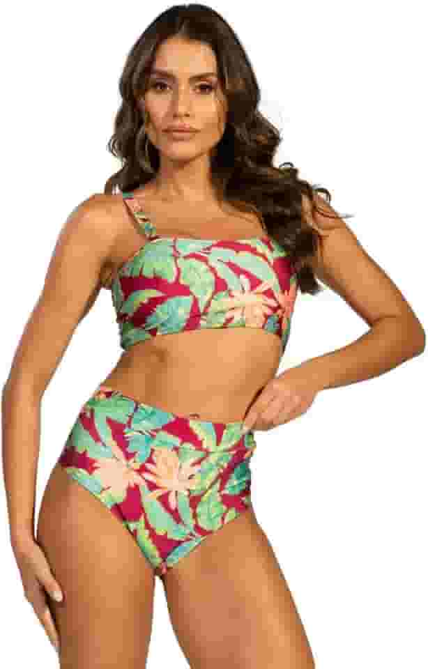 Biquini Top Faixa Hot Pants Cintura Alta Estampado Sem Bojo