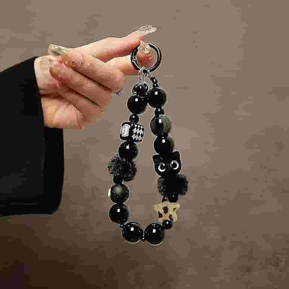 Alça de celular de gato preto de luxo com corrente de contas para pulso com clipe antifurto acessório