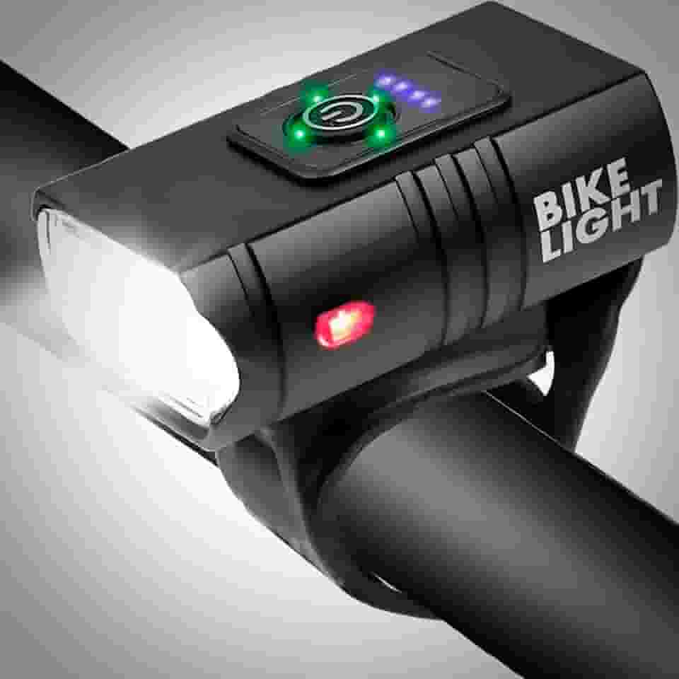 Farol para Bike 2 LEDs T6 Potente Recarregável USB – Lanterna Dianteira Resistente à Água com Indicador e Múltiplos Modos